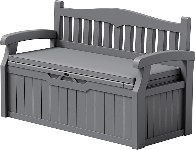 Devoko 80 Gallon Storage Bench with Cushion, Lockable Deck Box for Patio Furniture, Garden Decor and Outdoor Seating for Cushions, Garden Tools and Pool Supplies (Grey, 80 Gallon with Cushion)