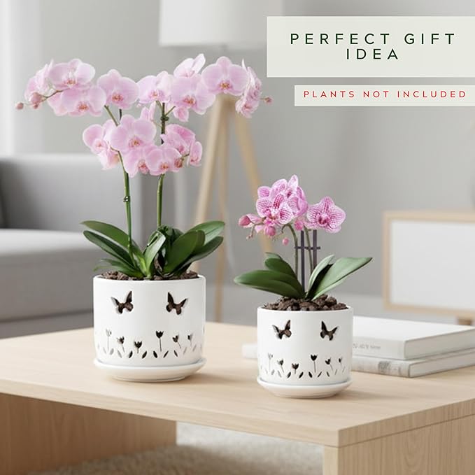 2 Pack, 5 + 6 Inch White Orchid Pots with Butterflies and Tulips Holes and Saucer, Ceramic Orchid Planters for Repotting with Drainage Holes and Tray Indoor Outdoor, Butterfly Gift