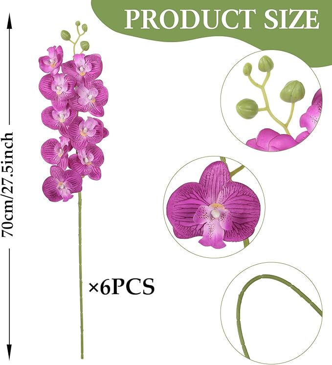 6PCS Purple Artificial Orchids 27’’ Faux Phalaenopsis Orchids Silk Flowers with Stems for Floral Arrangements Home Wedding Dining Table Party Garden Decoration(Purple)