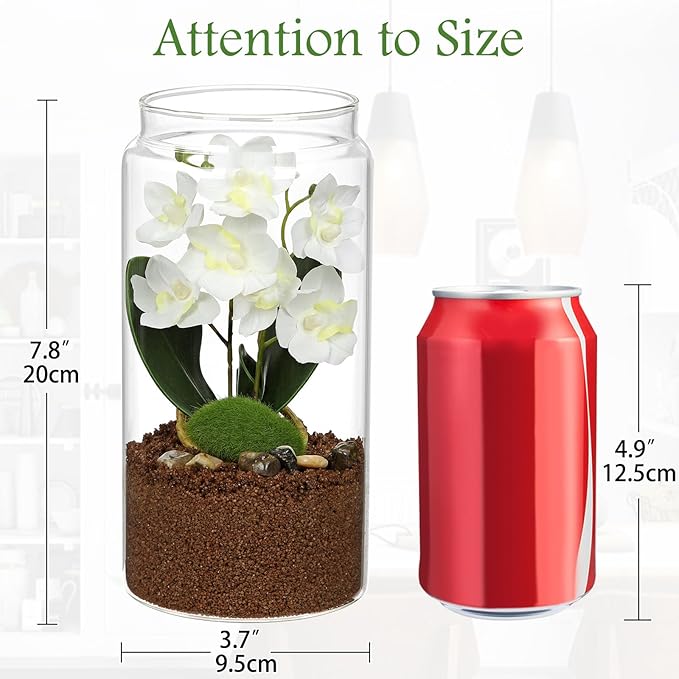 White Orchids Artificial Flowers with Vase, Small Faux Orchid Arrangement Fake Orchids Plant in Terrarium Jar Small White Orchid Centerpieces for Kitchen Dining Room Tables Bathroom Nightstand Decor