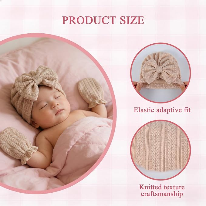 Newborn Baby Girl Hats Mittens Set Cotton Hospital Bow Hat Beanies Caps Gloves for New Born Girls 0-6 Months
