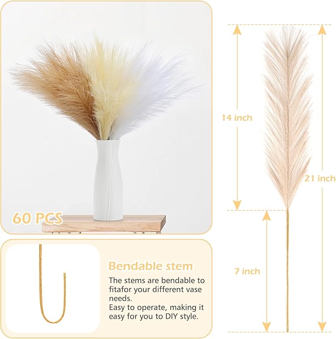 SeptCat 60 Pcs Pampas Grass Decor 21.7" Fluffy Faux Short White Brown Yellow Pampas Grass Artificial Small Pompas Grass Flower Vase Filler for Home Wedding Decoration