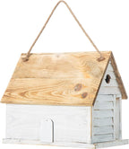 Glitzhome 14.25”L Wood Hanging Birdhouse for Outdoors Oversized Distressed Cottage Painted Bird House Rustic Bird House for Bluebird Wren Chickadee Sparrow Bird Nest Box for Garden Patio, Washed White