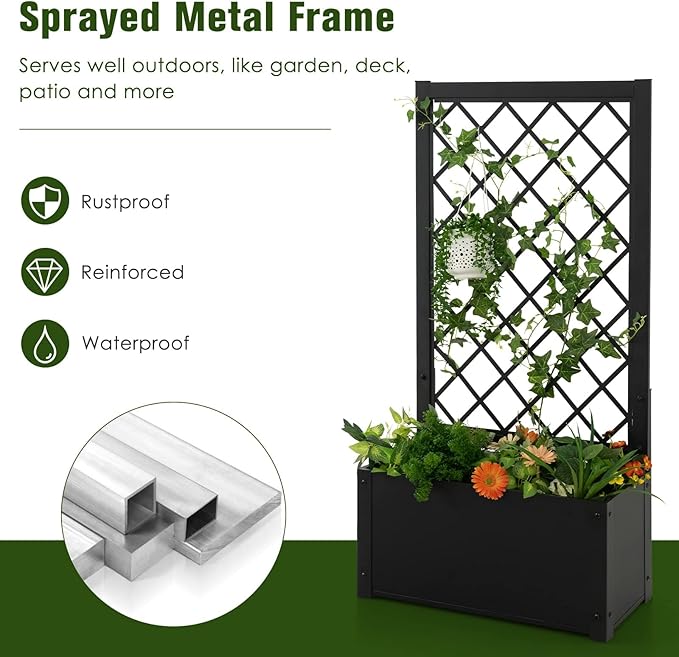 HAPPYGRILL 2 Raised Garden Bed with Trellis, 44” Metal Elevated Garden Box for Climbing Plants Vine, Outdoor Planter Box for Yard, Garden, Balcony