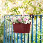 3 Pack Metal Railing Planters, 10.5" Oval Hanging Flower Pots with Detachable Hooks & Drainage Holes, Fits Rails up to 2.36", Galvanized Iron Fence Bucket for Balcony Garden Patio - Red