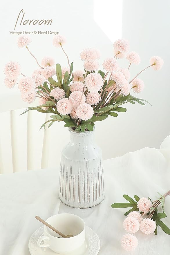 Floroom 5pcs Blush Faux Silk Mums Artificial Flowers, Bulk Fake Small Mini Chrysanthemums with Stems for DIY Pink Wedding Centerpieces Floral Arrangements Vase Fillers Home Decorations