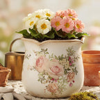 Ceramic Flower Vase, Rustic Farmhouse Vases & Planting Pots with Drainage, European Home Decor for Mantel Fireplace Bookshelf Wedding Centerpieces, Pink Rose Floral