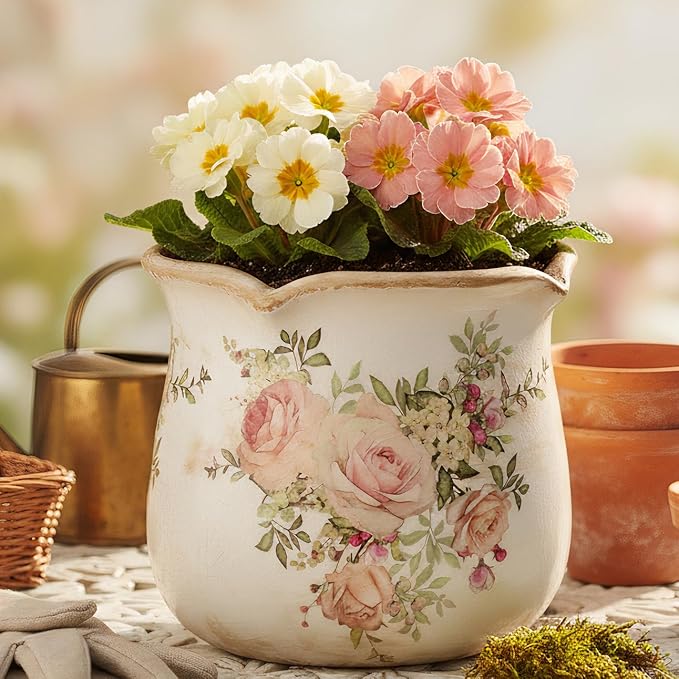 Ceramic Flower Vase, Rustic Farmhouse Vases & Planting Pots with Drainage, European Home Decor for Mantel Fireplace Bookshelf Wedding Centerpieces, Pink Rose Floral