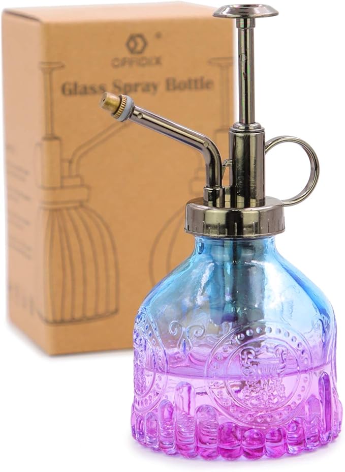 OFFIDIX Glass Plant Mister Spray Bottle, Mini Vintage Spritzer, Indoor/Outdoor Watering Can with Bronze Plastic Top Pump