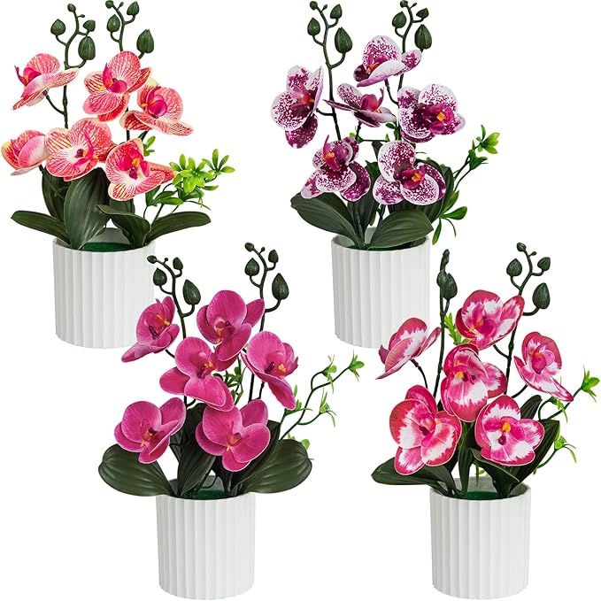 4Pcs Fake Orchids Artificial Flowers Washable Phalaenopsis Orchids Flowers in Pot for Home Wedding Table Centerpiece Bathroom Office Decoration (Purple & Red)
