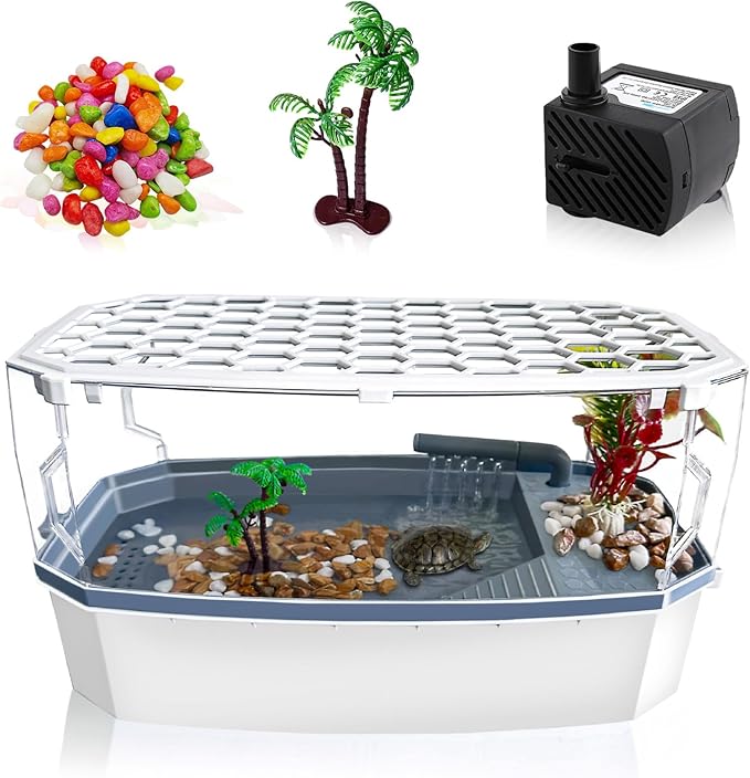 Escape-Proof 3 Gallon Turtle Tank Kit for Hatchlings - Compact Acrylic Aquarium with Basking Platform & Filter, Multi-Zone Desktop Habitat, Easy Clean