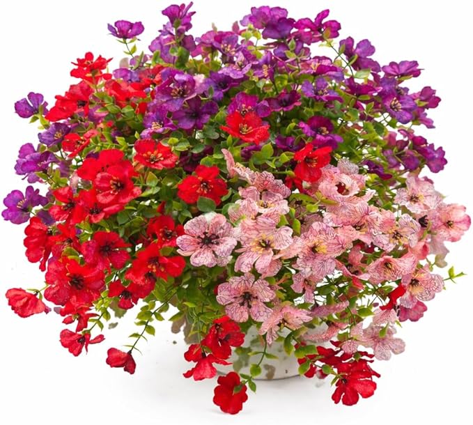 Artificial Flowers for Outdoors, 8 Bundles Faux Silk Spring Flowers for Outside for Planter Front Door Porch Yard Patio Window Box Home Decor (Colour 05-(Purple+Pink+Rose red))