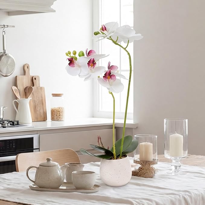 Fake Orchid in Vase Artificial Orchids That Look Real with Pot Artificial Flowers for Home Decor (White)