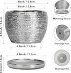 SQOWL Ceramic Plant Pots - 6 Inch Planter for Indoor Outdoor Plants, Modern Round Flower Pots with Drainage Hole and Saucer, Decorative Small Planter, Office Decor, Gifts for Women Men, Silver