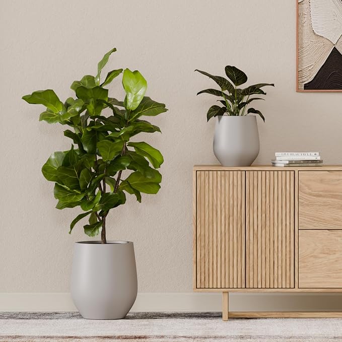 21" H x 19" D Premium Corso Fiberstone Round Tapered Planter with Drainage Hole, Smooth Finishes, Weather Resistant, Included 2 Extra Coco Mats (Light French Gray, 15" Pot Opening)