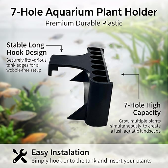 2 Pack Hanging Aquarium Plant Holder – 7-Hole Fish Tank Plant Pot for Pothos & Aquatic Plants, Floating Plant Corral, Aquascape Decor, Rim Plant Holder (Black)