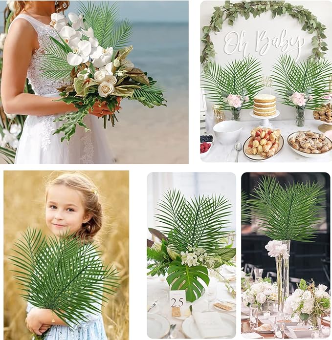 Artificial Palm Leaves Stem, Fake Tropical Palm Tree Leaf Plastic Greenery Plants Faux Areca Stems Jungle Boston Decoration for Indoor Outdoor Wedding Birthday Party Arrangement Table DIY Decor 12 Pcs