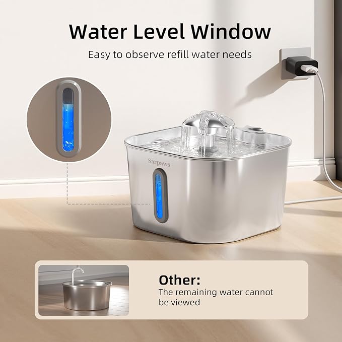 SARPAWS Cat Water Fountain Stainless Steel：74oz/2.2L Water Fountains for Cats Indoor, Cat Fountains for Drinking, Ultra-Quiet, Water Level Window, Pet Water Fountain - 2 Filters + 2 Sponges