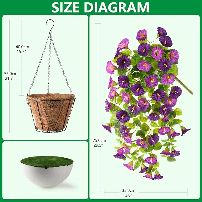 Homsunny Artificial Hanging Fake Flowers with Basket Plants for Outdoor Decoration, Faux Silk Flower UV Resistant Morning Glory for Home Porch Patio Garden Balcony Yard Look Real (Purple)