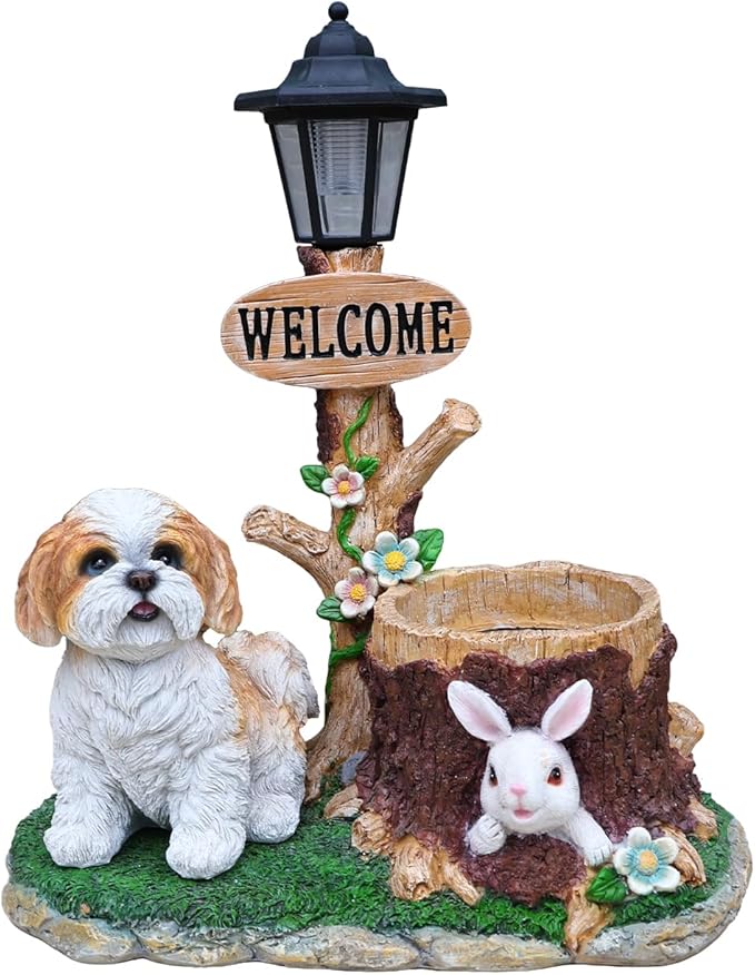 Animal Outdoor Statue Planter Solar Light Welcome Garden Sculpture Resin Flower Pot Decorative Porch Patio Yard Lawn Entryway Figurine with LED Lamp Rustic Plant Holder Ornament Courtyard (E)