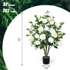 Artificial Camellia Tree 2 Pack 42" Faux Camellia Plant in Pot with 32 Blooming Flowers Fake Flower Tree Greenery Potted Plant for Indoor Outdoor Office Home Porch Decor White