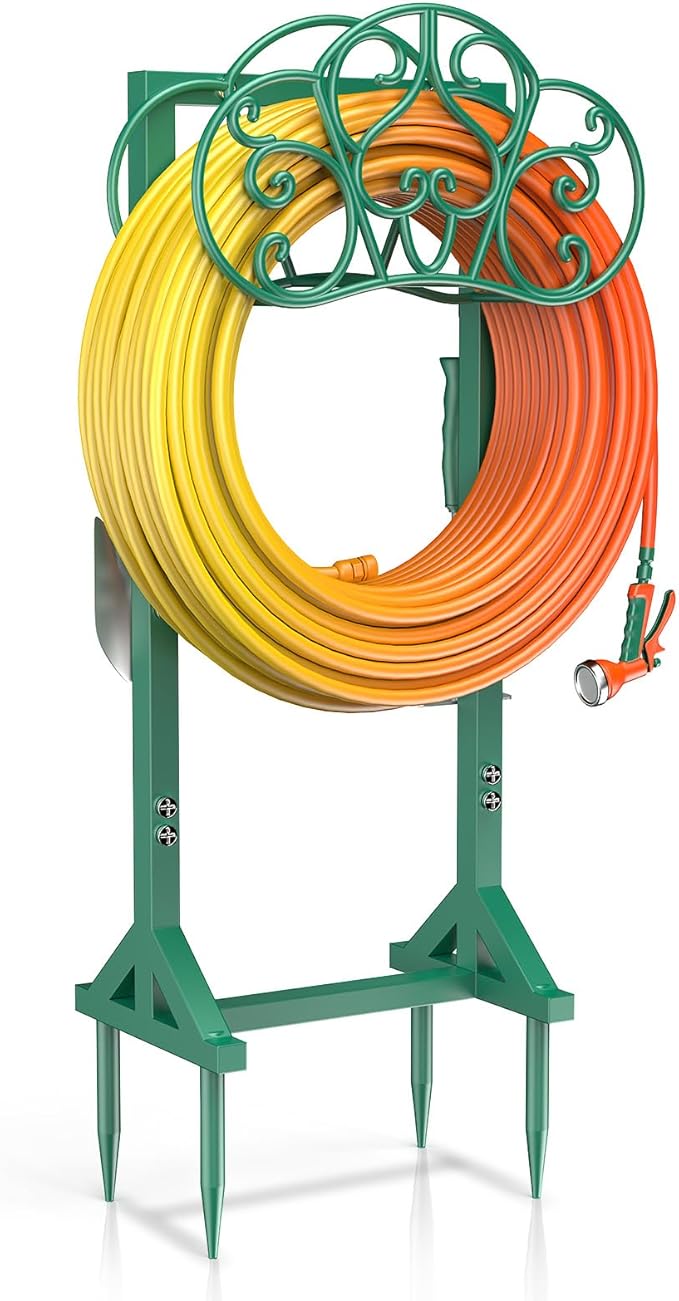 Garden Hose Holder with 2 Tool Hooks Heavy-Duty Freestanding Water Hose Holder Holds 160Ft Hoses, Rustproof Freestanding Hose Stand with 4 Spikes Hose Hanger Storage Rack for Outside, Yard, Lawn