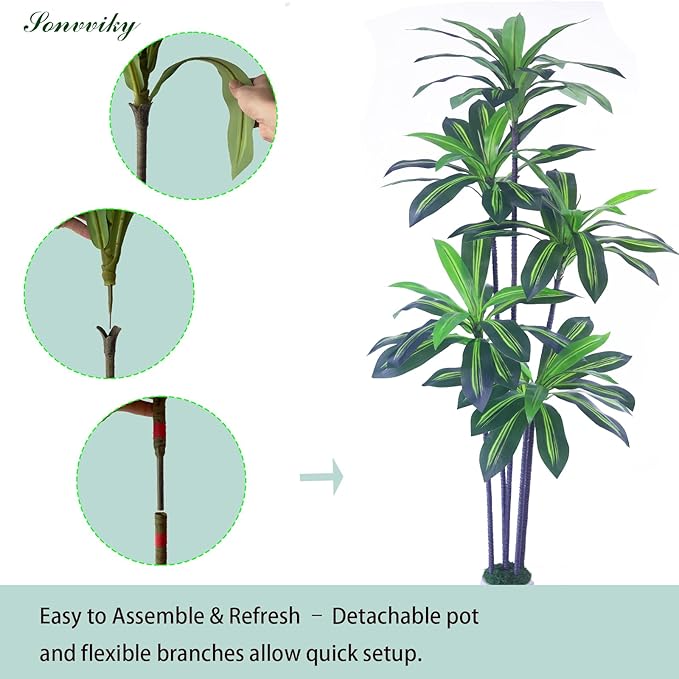 6ft Artificial Dracaena Tree for Home Decor, Potted Faux Plant with Realistic Wood Trunk & Lifelike Leaves, Low--Maintenance Tall Floor Tree for Living Room, Office Sonvviky (6ft)