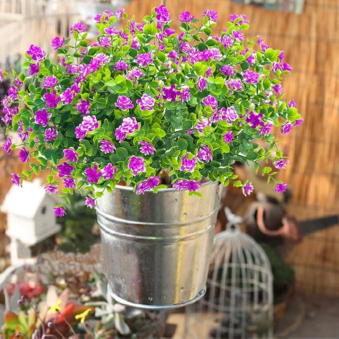 Grunyia 10 Bundles Artificial Fake Flowers, Faux Outdoor Plastic Plants UV Resistant Shrubs Outside Indoor Decorations (Purple-Eucalyptus)