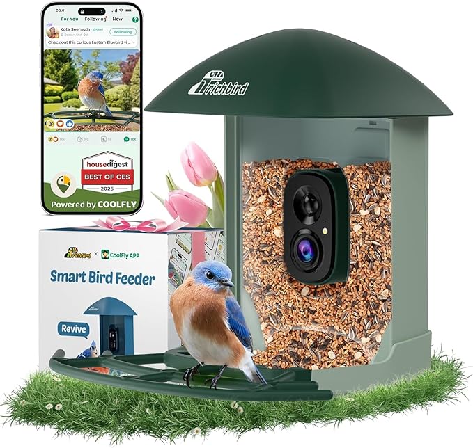 Smart Bird Feeder with 4MP HD Camera, Birdwatching Camera with Free AI Identify Birds & Solar Panel for Outdoors, Auto Video Capture & Instant Notifications,for Dad Granpa Birdlovers,Green