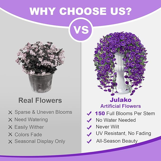 Artificial Hanging Flowers for Outdoors, 2 PCS 300 Blooms UV Resistant Morning Glory Faux Silk Vines, No-Odor Realistic Fake Plants for Garden Planter Porch Patio Decoration, Purple