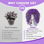 Artificial Hanging Flowers for Outdoors, 4 PCS 600 Blooms UV Resistant Morning Glory Faux Silk Vines, No-Odor Realistic Fake Plants for Garden Planter Porch Patio Decoration, Purple