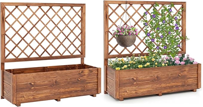 Giantex Raised Garden Bed Set 2 w/Trellis, Drainage Hole, 39”x14”x40” Wood Elevated Planter Box for Climbing Vine Flower Herb Vegetable Fruit, Planting Container for Indoor Outdoor Patio Balcony