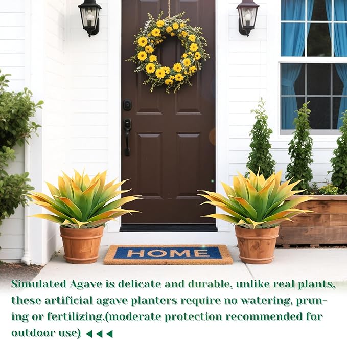 2 Pack Artificial Agave Plants 28 Inch Large Size Fake Succulent Stems Realistic UV Resistant Faux Plants for Outdoor Decorating Tropical Plant Greenery Front Porch Decor - 29 Leaves, Yellow