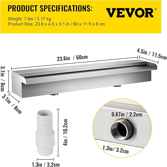 VEVOR Pool Fountain Stainless Steel Pool Waterfall 23.6" x 4.5" x 3.1"(W x D x H) Waterfall Spillway with Pipe Connector Rectangular Garden Outdoor, Silver