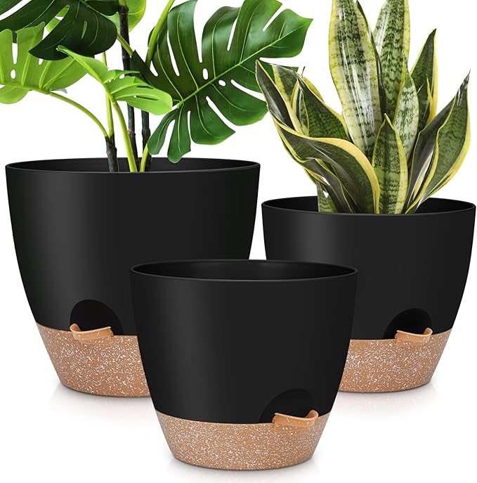 YNNICO 12" 10" 9" Large Self Watering Plant Pots, 3 Pack Flower Pots Planters with Multi Mesh Drainage Holes for Indoor Outdoor Garden Plants and Flowers (Black)
