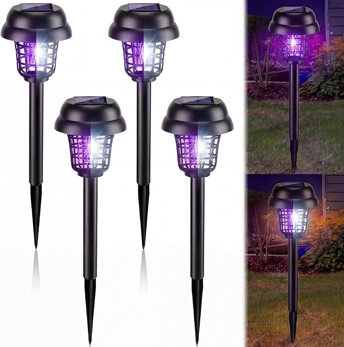 Qualirey 4 Pcs Solar Mosquito Zapper Outdoor Waterproof Solar Powered Bug Zapper Outdoor Mosquito Killer Lamp Trap Repellent Light for Garden Yard Insect (Purple and White Light,Black)