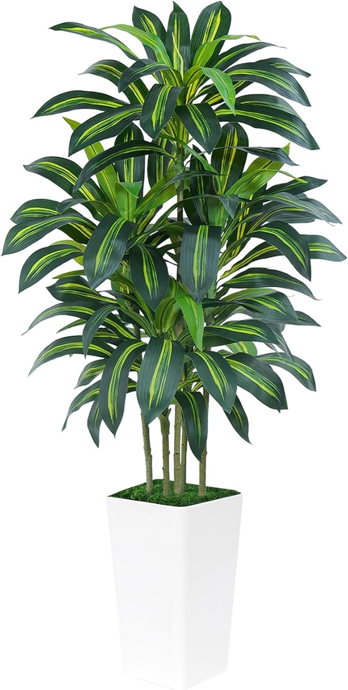 6FT Artificial Dracaena Tree - High-Density Foliage Fake Plant with White Tall Planter - Faux Yucca Floor Plant for Home Office Decor Indoor