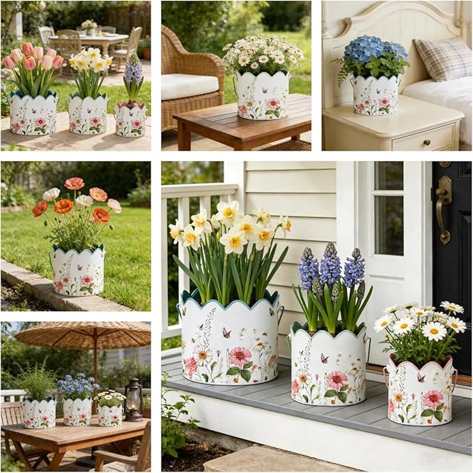3-Piece Vintage Floral Metal Bucket Set, Scalloped Edge Multi-Size Planters for Flowers & Easter Egg Containers, Rustic Garden & Home Decor with Reinforced Metal Handles, Indoor & Covered Outdoor Use
