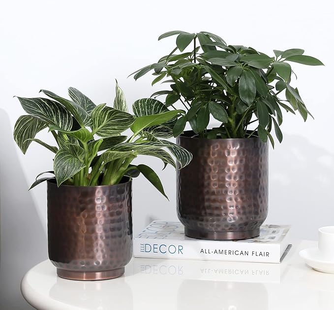 MyGift Handmade Hammered Vintage Copper Metal Plant Vase, Decorative Indoor Cylindrical Flower Planter Container, 5 and 6 Inch Pots, Handcrafted in India