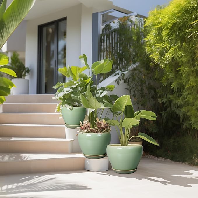 Ceramic Pots for Plants - 10/8/6 Inch Flowers Planters with Drainage Holes and Saucers for Indoor Outdoor, Decorative Modern Home House Office Room Decor, Set of 3, Green