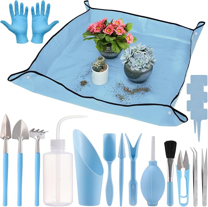 20pcs Small Gardening Tools Gifts for Women Beginners - Garden Hand Tools Set for Indoor Succulent Bonsai Plants Transplanting, Included 39" Plant Repotting Mat/Miniature Shovel/Labels, Blue