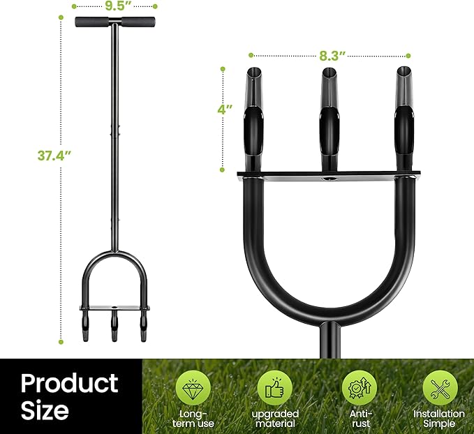 Manual Lawn Core Aerator Tool – Heavy Duty Hand Soil Aerator with 3 Hollow Tines, Pre-Assembled Lawn & Garden Plug Remover for Grass Growth & Soil Improvem