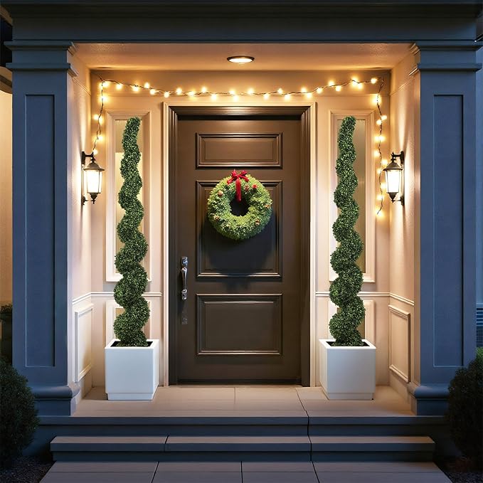 THE BLOOM TIMES 7ft Spiral Topiary Trees Artificial Outdoor Set of 2, 82 inch Faux Boxwood Plants Outside - All-Year Green Fake Twisted Tree for Garden Front Porch Planter Decor 7 Foot