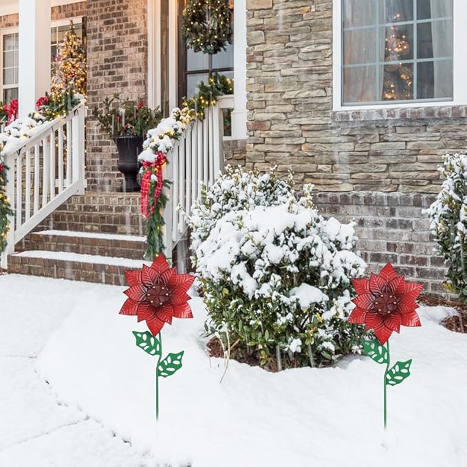 YEAHOME Outdoor Christmas Decorations, Set of 2 Poinsettia Flower Decorative Garden Stakes for Christmas Decor, Metal Red Flowers Xmas Decorations for Outside Garden Yard Lawn Porch