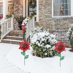 YEAHOME Outdoor Christmas Decorations, Set of 2 Poinsettia Flower Decorative Garden Stakes for Christmas Decor, Metal Red Flowers Xmas Decorations for Outside Garden Yard Lawn Porch