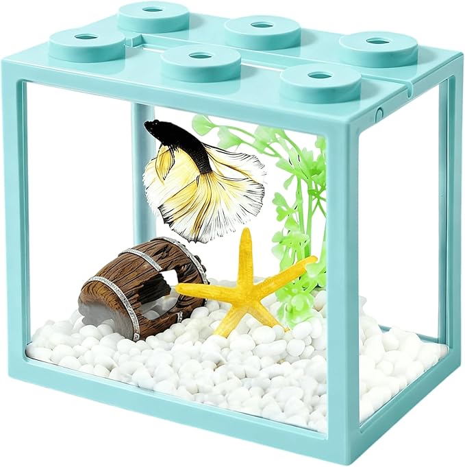 Small Betta Fish Tank, Stackable Mini Fish Tank Tiny Aquarium Kit with Aquarium Gravel & Resin Decorations, 0.6 Gallon Cube Desktop Fishbowl for Snails, Crabs, Starfish (Light Blue)