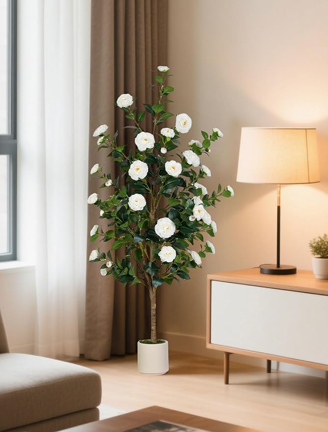 BLOSMON Artificial Trees for Home Decor: Indoor 4.9ft Tall Fake Plants Outdoor Camellia Flowers Tree for Front Porch - Faux White Rose Plant with Pot for Living Room Door Patio Deck Yard