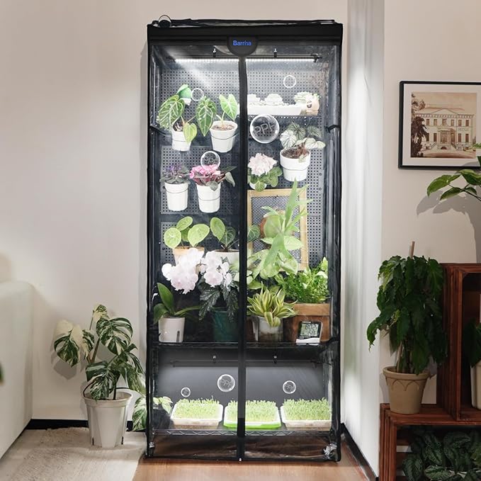 Barrina LH750 Pegboard Indoor Greenhouse with Grow Light, Plant Cabinet with 4PCS 5000K Full Spectrum Grow Lamps, 3 Adjustable Pegboards, 2 Racks, Wheel, for Foliage Plant, Seedling, 29.5x13.8x67.9IN