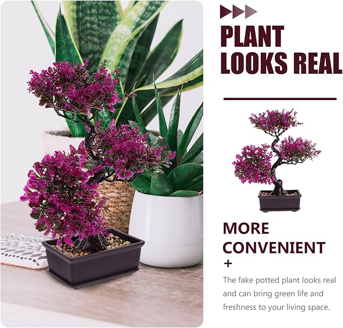 Cabilock Artificial Bonsai Tree, Fake Potted Bonsai Plants Decoration, Desktop Realistic Welcoming Pine Ornament for Home Office Entryway Chests Decor, Red (Purple)