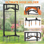 Garden Hose Holder, Upgraded Heavy Duty Freestanding Water Hose Holder Stand with Storage Basket, Holds Up to 160 FT Hose, Perfect for Outside Yard Lawn Farm, Black